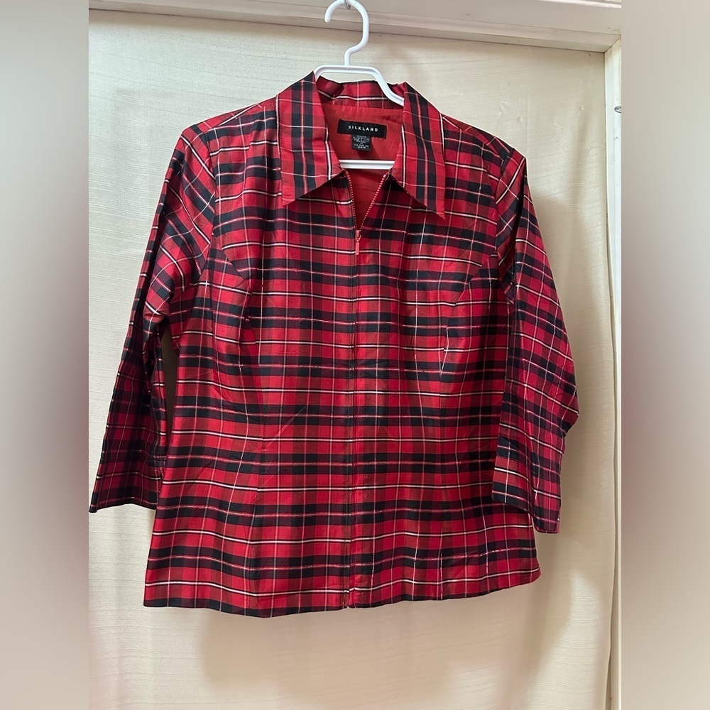 Silkland BOGO 100% Silk Red Plaid Zip-Up Blouse Jacket – Size M ⚫️